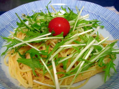 明太子と水菜の和風スパゲティーの写真