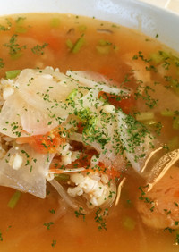 【低糖質な食事】鮭缶の雑穀トマトスープ