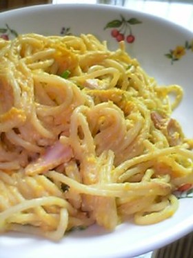 卵なし☆豆腐とかぼちゃの濃厚カルボナーラ