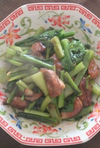 鶏レバーと砂肝と小松菜の炒め物