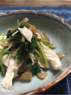 鶏ささみとザーサイと三つ葉の和え物