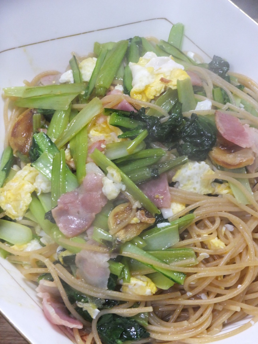 小松菜とベーコンと卵のパスタ☆洋風に美味の画像