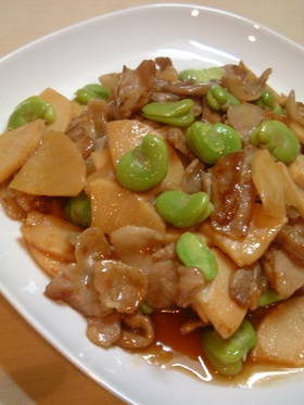 豚とそら豆とたけのこの黒酢炒め