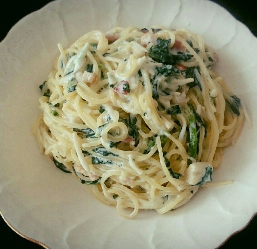 ワンポットチキンほうれん草ベーコンアルフレッドのレシピ