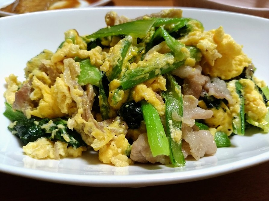 青菜(小松菜)と豚肉のふわ卵炒めの画像