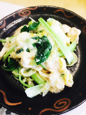 鶏胸肉と白菜と青梗菜の豆乳クリームパスタ