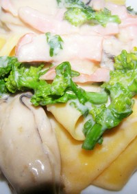 牡蠣とベーコン菜花のパッパルデッレ