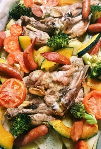 骨付き鶏モモ肉と彩り野菜のグリル❣❣