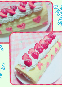 ふわもち食感♡ハート柄の苺ロールケーキ♡