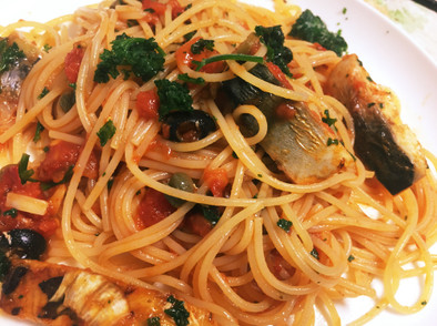 塩サバのプッカネスタスパゲティの写真