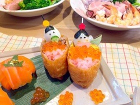 ひな祭り★ピンクご飯でいなり寿司雛♡の画像