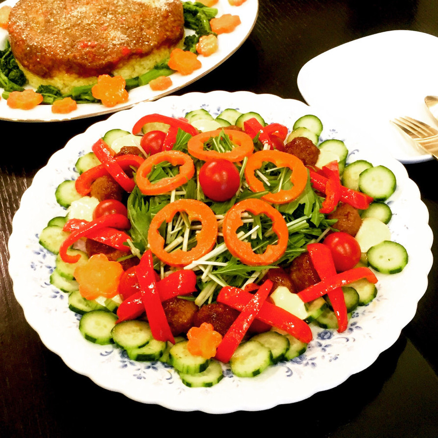 水菜と肉団子の甘酢あんかけ彩りサラダの画像