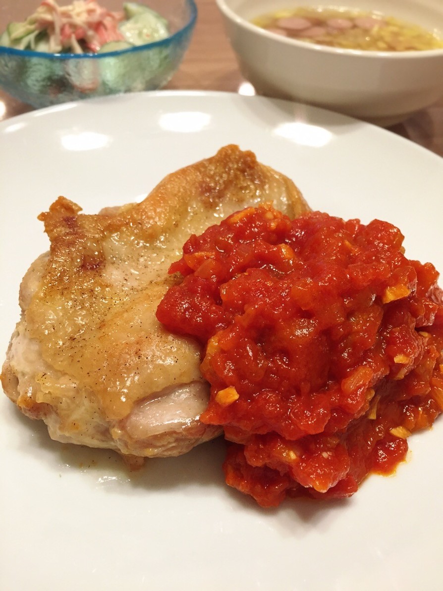 ローストトマトとグリルチキンのペストスパゲッティのレシピ