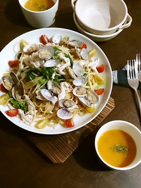 菜の花とあさりと鶏ハムのパスタ