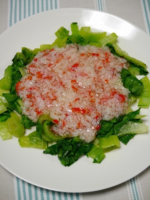 レンジで簡単！青梗菜の蟹餡掛けの画像