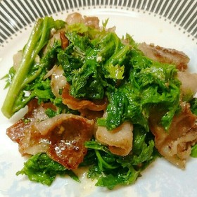癖になる味!わさび菜と豚バラのマヨ炒め♪