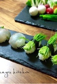 おつまみに〜♫芽ネギ寿司と鯛の手毬寿司