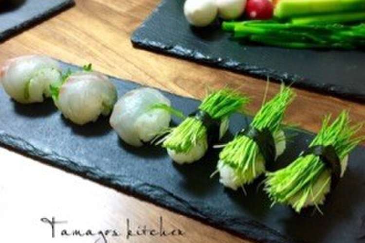おつまみに 芽ネギ寿司と鯛の手毬寿司 レシピ 作り方 By まんまるたまご クックパッド 簡単おいしいみんなのレシピが364万品