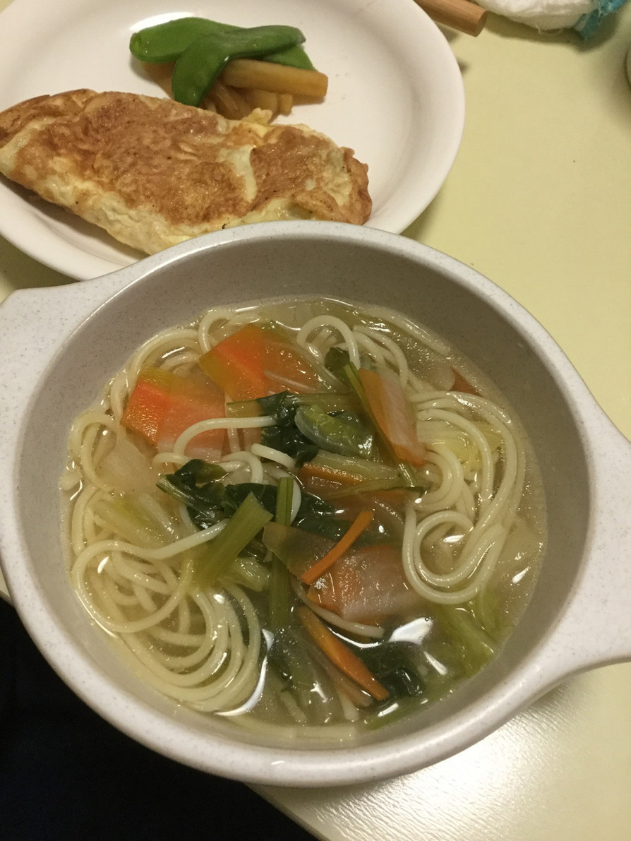 野菜スープの簡単アレンジ♪スープパスタの画像