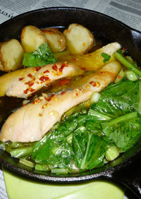 イシスキで白鮭＋小松菜のアヒージョ