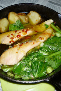 イシスキで白鮭＋小松菜のアヒージョ