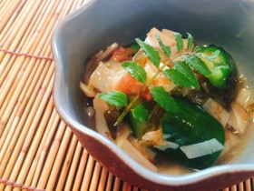 筍とキュウリともずくの梅ワサビ和え