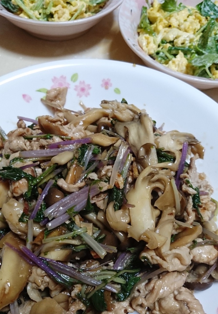 簡単★豚肉と紫水菜とキノコの中華炒めの画像