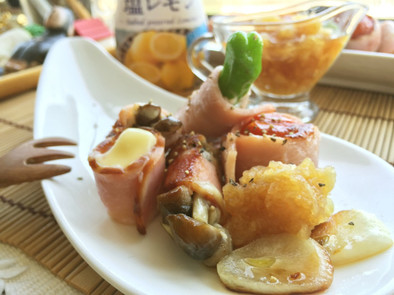 季節野菜ベーコン串焼✿塩レモンおろし添えの写真