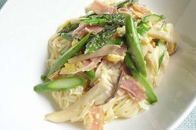 アスパラベーコンのカルボナーラ風そうめん レシピ 作り方 By Moegi0909 クックパッド 簡単おいしいみんなのレシピが374万品