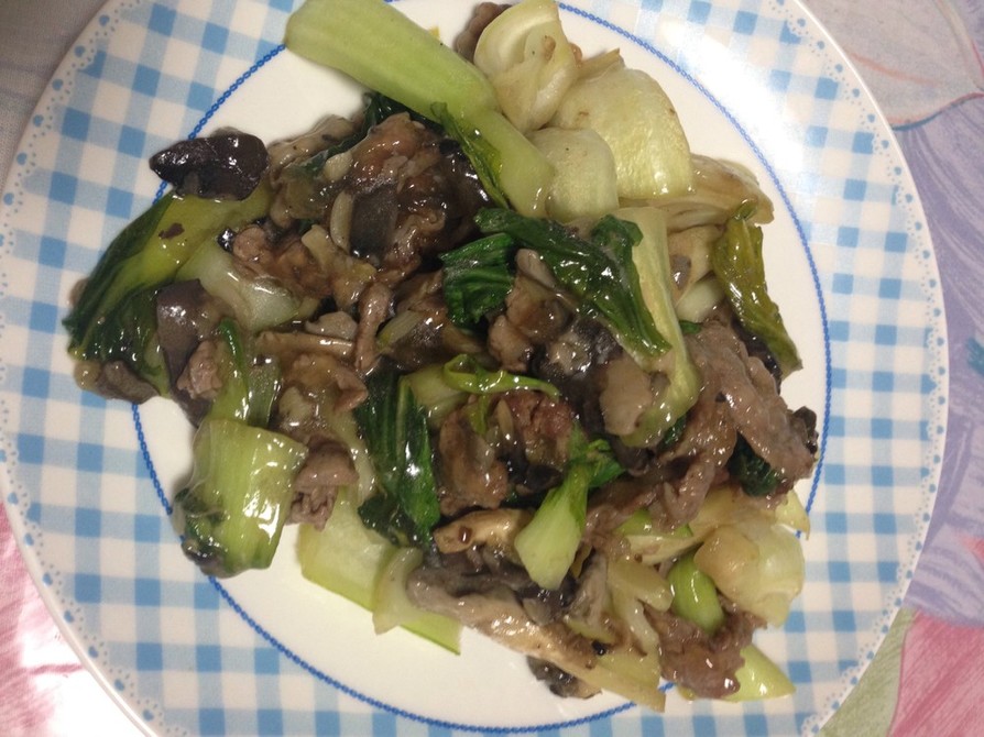 牛肉とアワビ茸、青梗菜の中華風炒めの画像