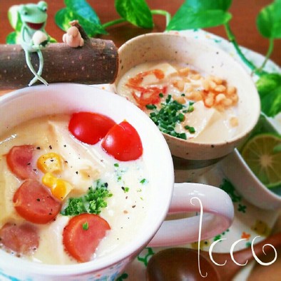 朝ご飯に簡単♪レンチン◎豆乳豆腐スープの写真
