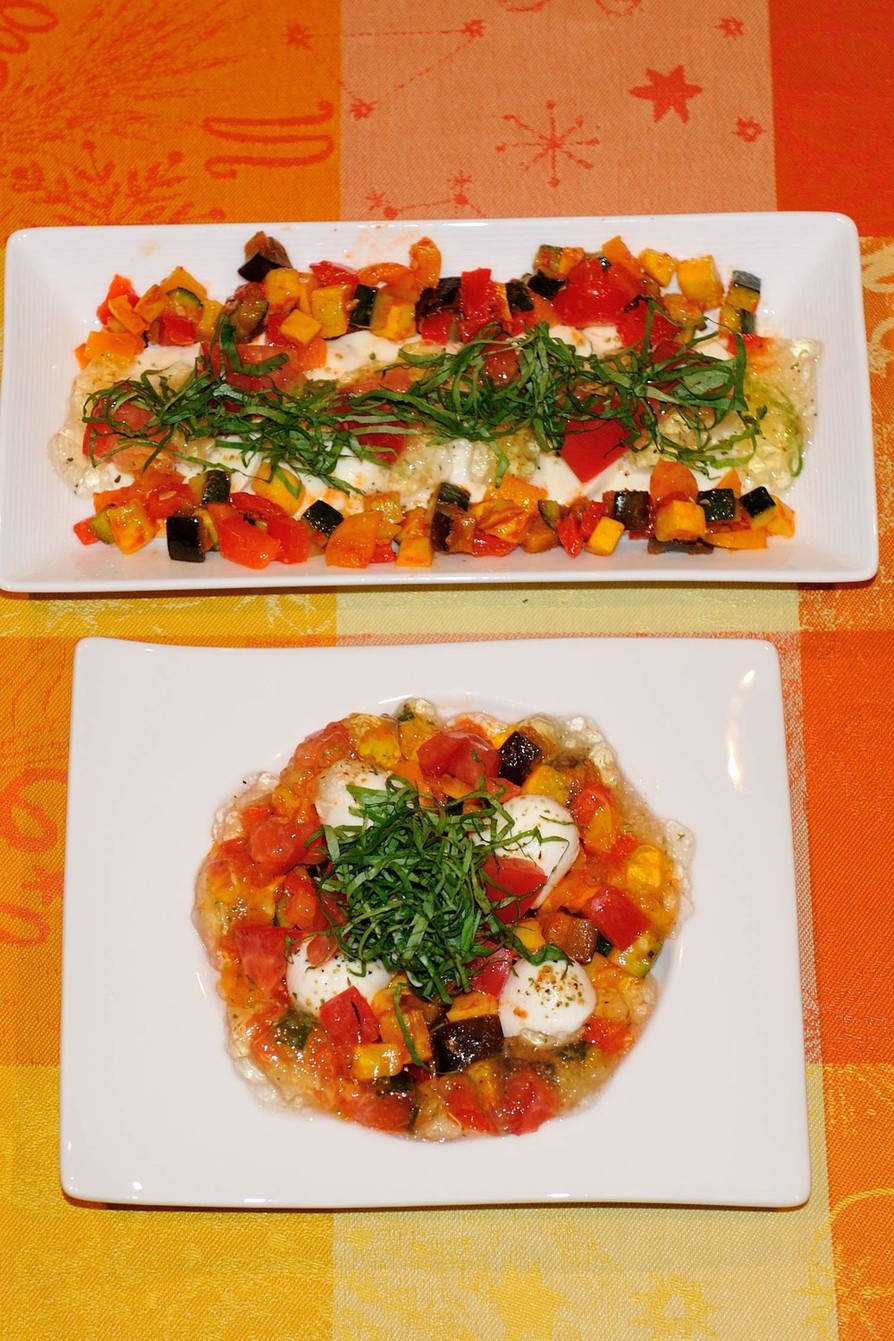 モッツアレラと彩野菜、トマトジュレ添えの画像