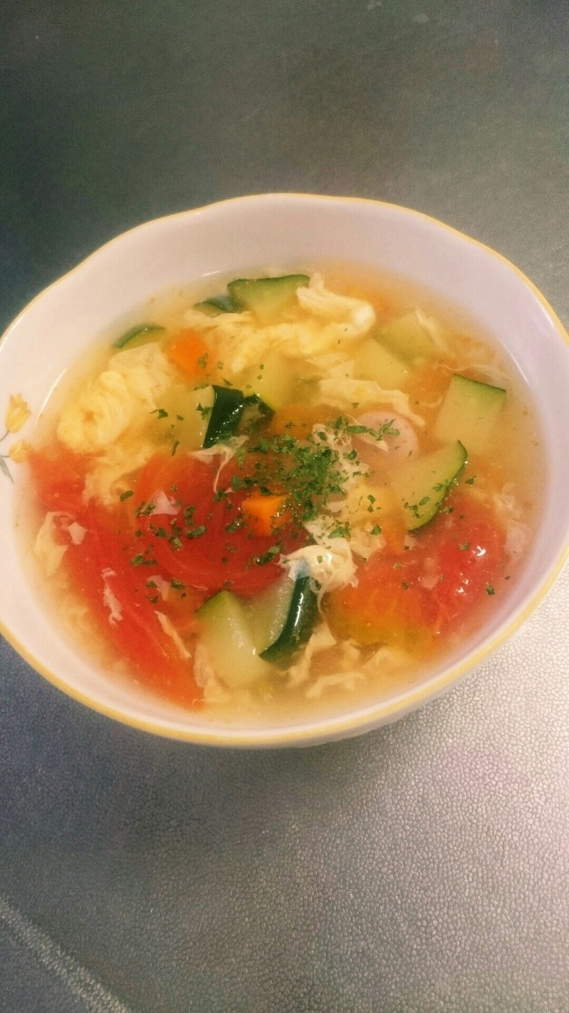 ズッキーニとトマトの彩りスープの画像