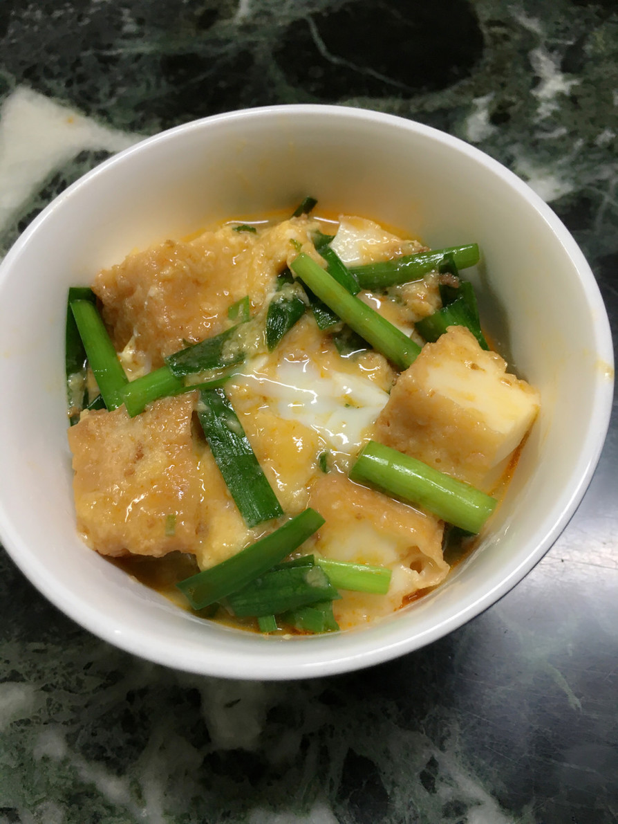 簡単♪麻婆豆腐の素で厚揚げとニラの卵とじの画像