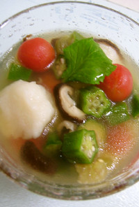 長芋団子オクラとトマトの夏野菜スープ 
