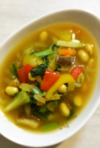 朝食べる☆チンゲン菜とお豆のカレースープ
