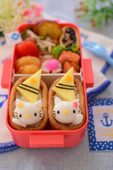 【キャラ弁】稲荷寿司のヨット弁当キティ付の写真
