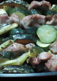 塩豚と冷蔵庫の野菜の魚焼きグリル焼き