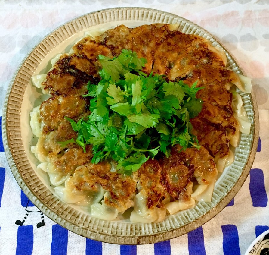 セロリ葉でエスニック餃子 パクチー添えの画像