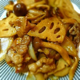 豚バラ蓮根としめじのこってり簡単和風炒め