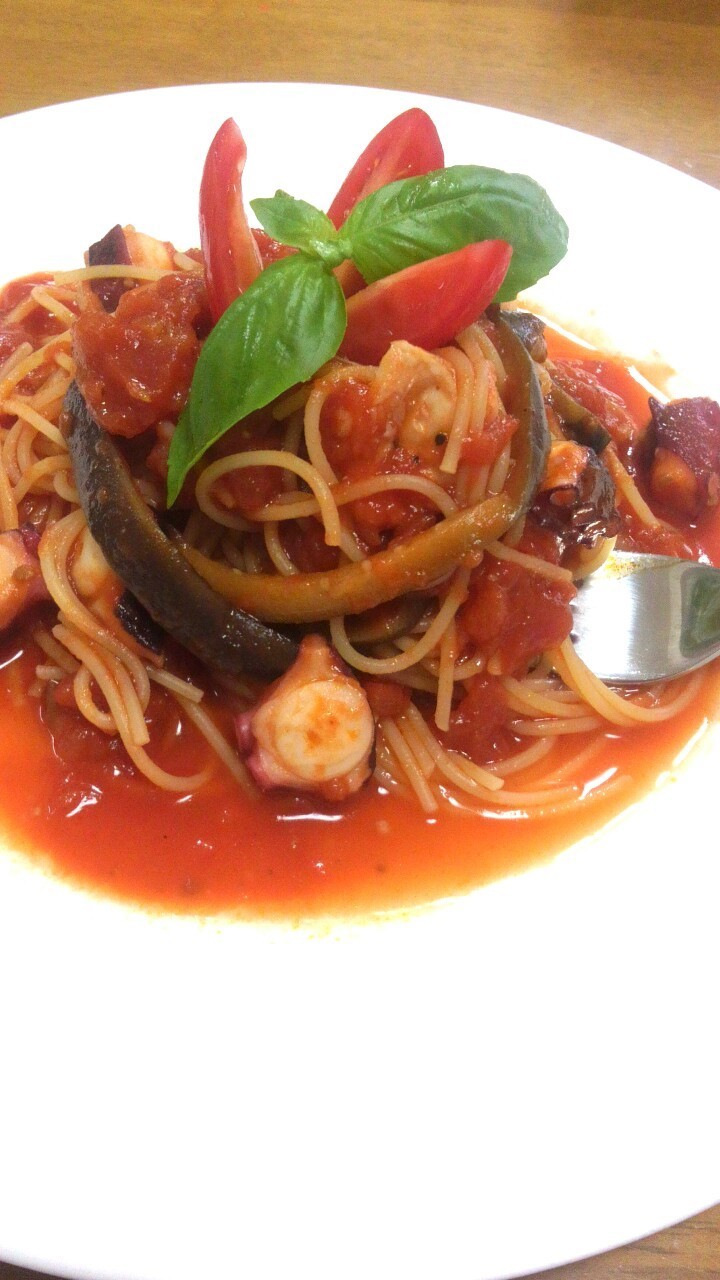 蛸茄子トマトスパゲッティの画像