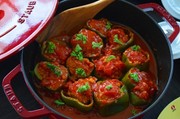ストウブでピーマンの肉詰めトマト煮込みの写真