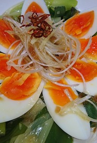 コンビニ食材☆ゆで卵と長葱の簡単おつまみ