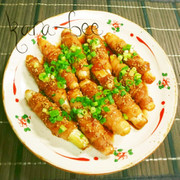 長ネギの豚バラ巻き甘辛ごま照り焼きの写真