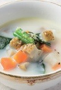 根菜とベーコンの豆乳スープ