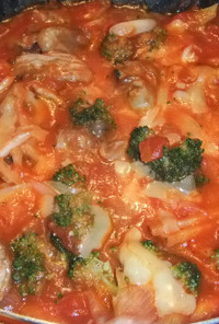 牡蠣とトマト缶の冬鍋風炒め煮