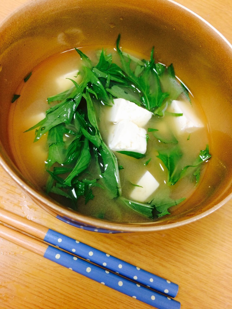 豆腐と水菜のみそ汁・レンジで３分の画像