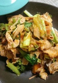 豚バラ肉と小松菜のキムチ炒めde温野菜