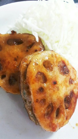 レンコンの挟み焼き!なしみつで照り