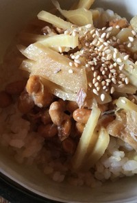 鯖の味噌煮の生姜と納豆のご飯